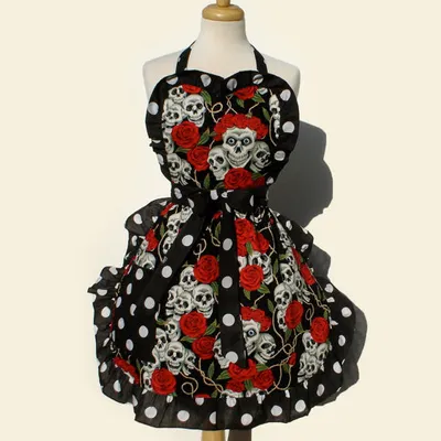 "Whisked Away" Black Skulls, Thorns, and Roses Apron