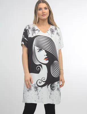 T-Shirt Dress with Print of a Face and Silver Stitching by Froccella (467-1417AA 2141010 TAILLE UNIQUE BLANC)