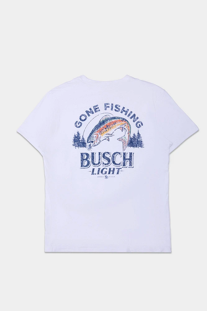 Mens Busch Light Gone Fishing Graphic T-Shirt - White /