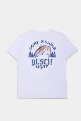 Mens Busch Light Gone Fishing Graphic T-Shirt - White /