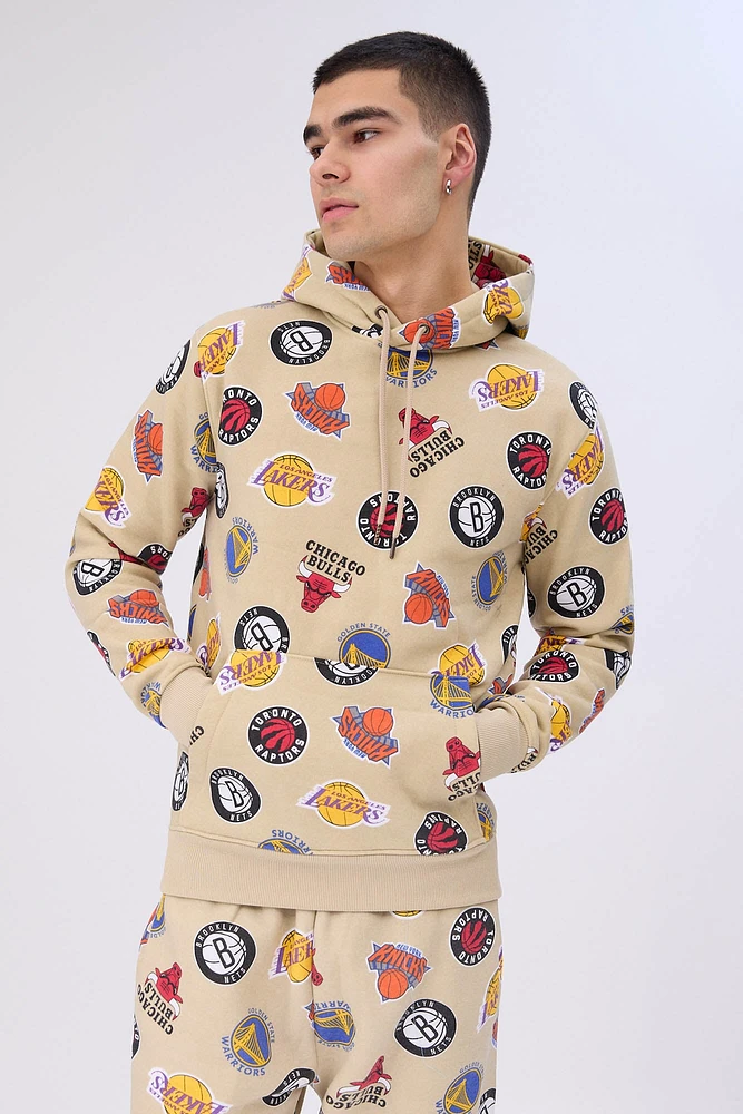 Mens Allover NBA Logo Print Hoodie - Tan /