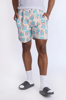 Arsenic Mens Mushroom Print Beach Shorts - Pink /