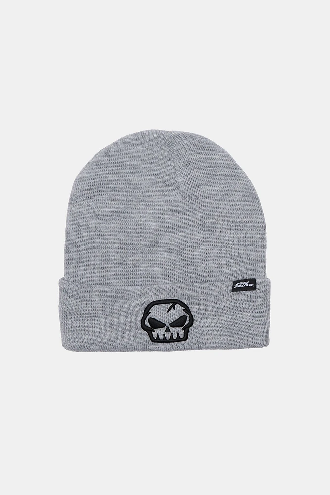 No Fear Youth Embroidered Skull Foldup Beanie - Heather Grey / O/S