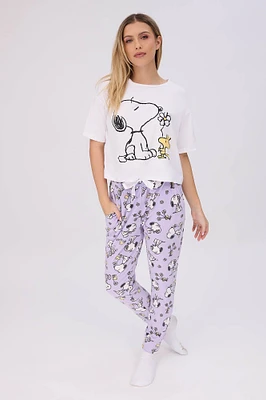 Peanuts Snoopy 2-Piece Pajama Tee & Velour Jogger Set - White /