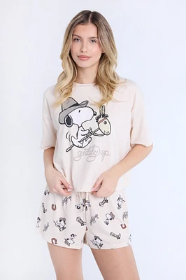 Snoopy Giddy Up 2-Piece Pajama Tee & Shorts Set - Cream /