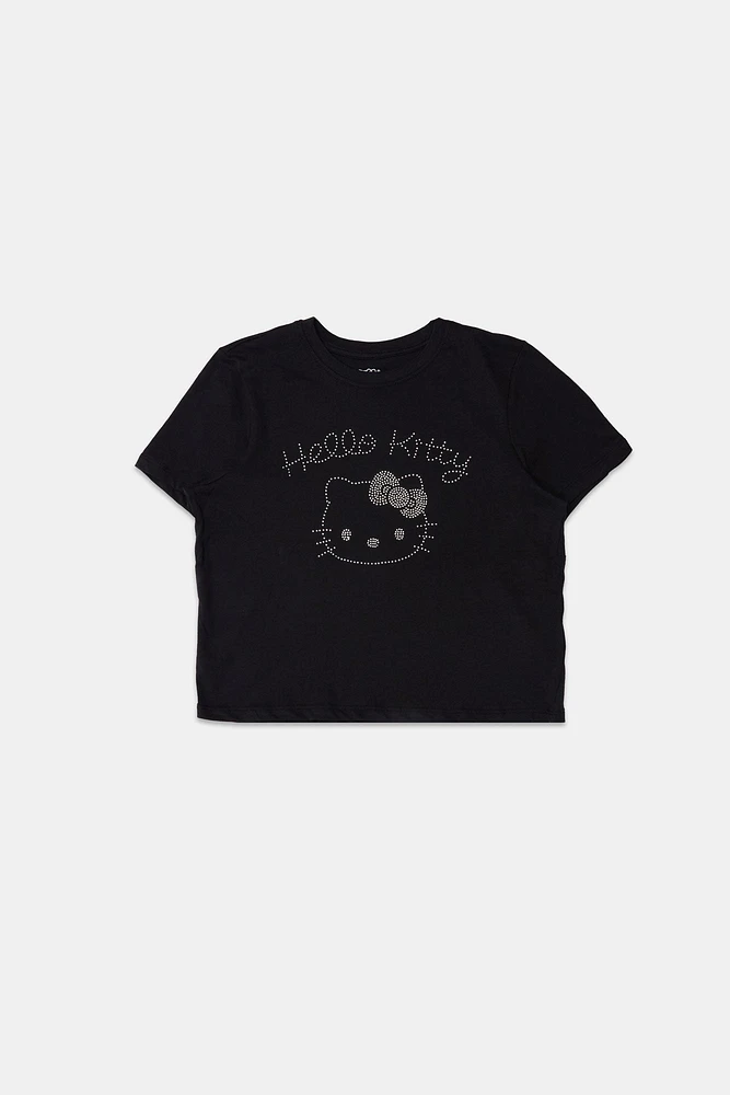 Womens Hello Kitty Rhinestone Baby Tee - Black /