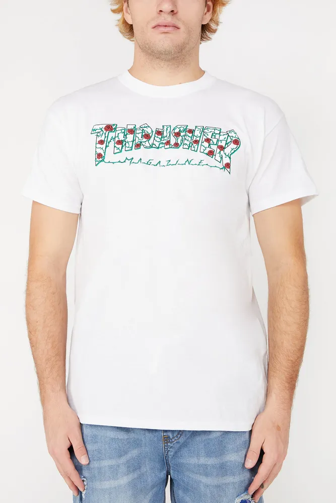 white thrasher shirt with roses