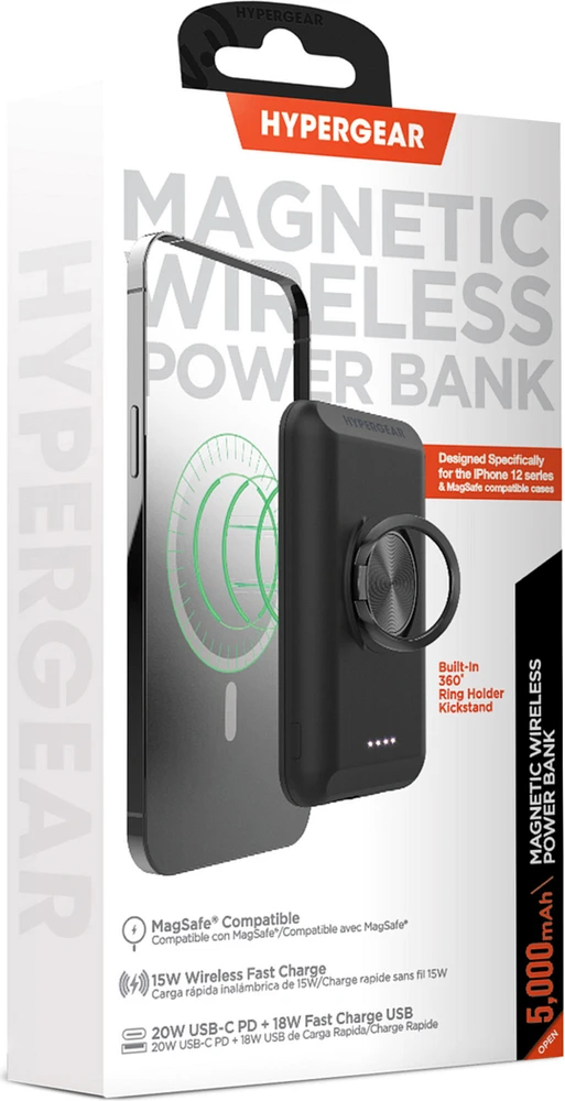 Hypergear - 5000mAh Single Port 20W USB-C PD & Single Port 18W USB-A Magnetic Power Bank w/15W Qi - Black