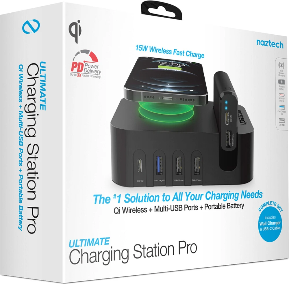 Naztech station de chargement Ultimate à prise murale et à port USB-C dotée de l'AFC et intégrant la technologie Qi de 65 W avec chargeur portatif de 4 000 mAh