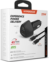 HyperGear SpeedBoost 25W USB-C PD + 12W USB Fast CLA Car Charger w/ PPS 4ft USB-C Cable - Black