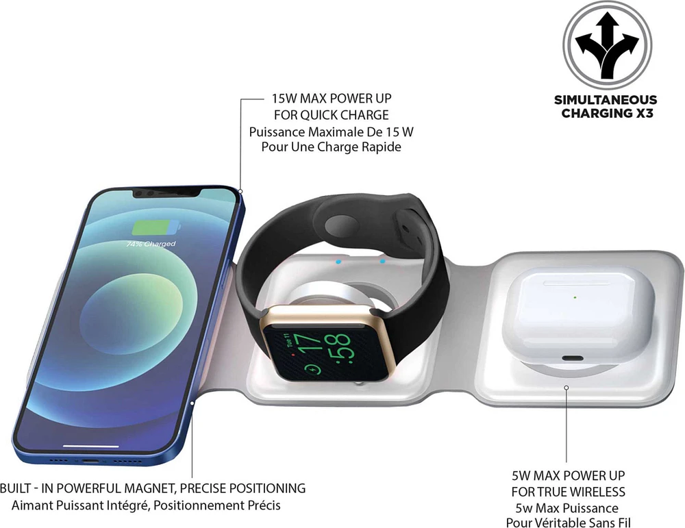 Uunique London - 15W Trio 3in1 Magnetic Foldable Wireless Charger - White