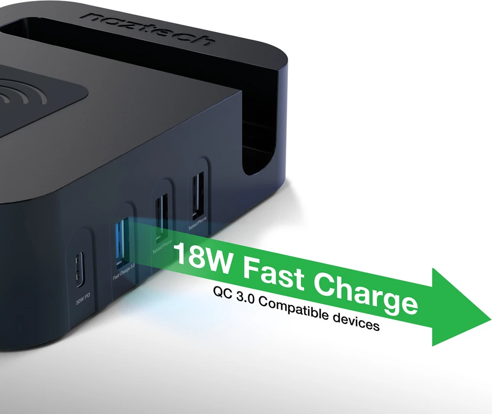 Naztech station de chargement Ultimate à prise murale et à port USB-C dotée de l'AFC et intégrant la technologie Qi de 65 W avec chargeur portatif de 4 000 mAh