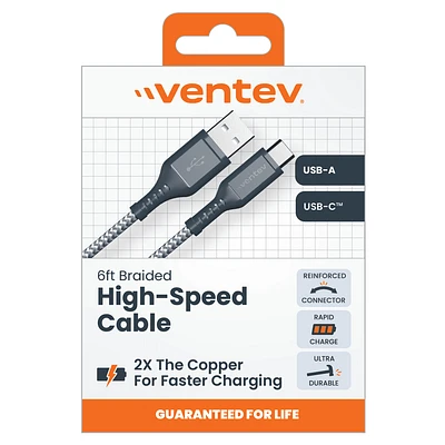 Ventev - High Speed USB A to USB C Braided Cable 6ft - Gray