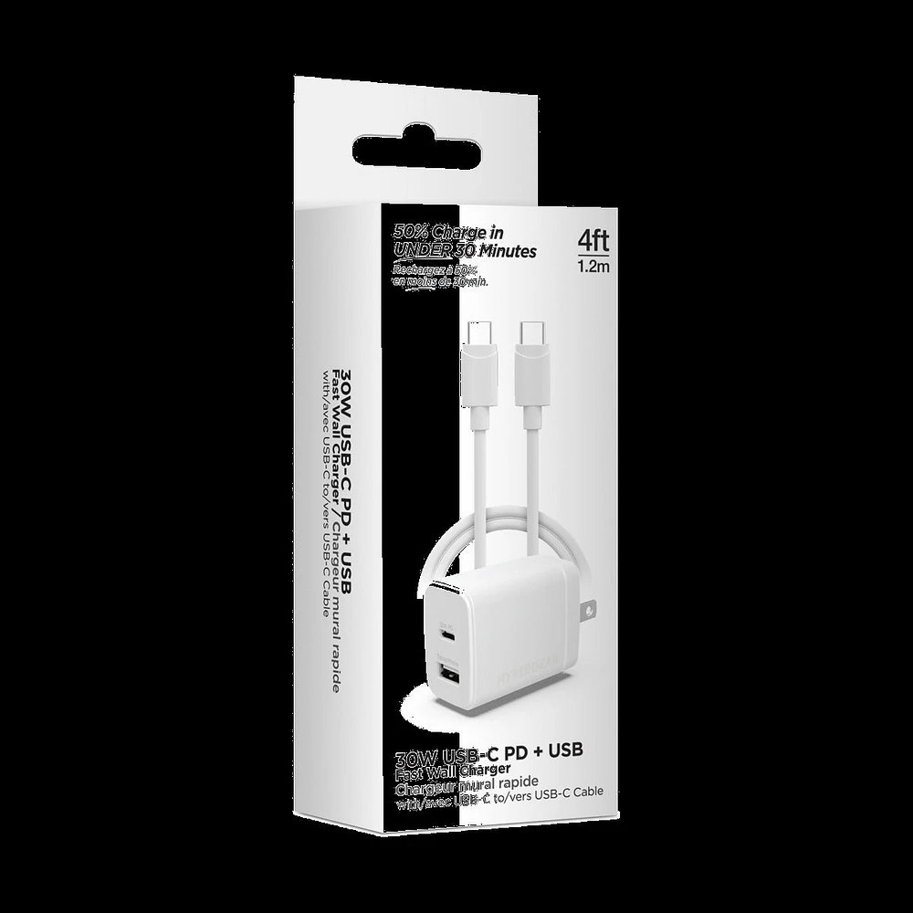 HyperGear Basics 30W Dual Port USB-C + USB-A Wall Charger Travel Hub - White
