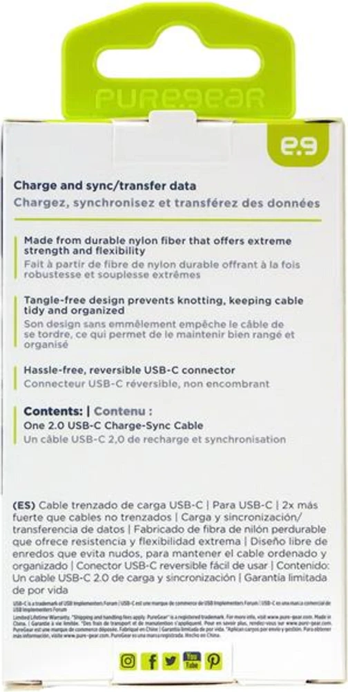 PureGear câble de charge-synchro tressé USB-C à USB-C (120 cm), gris