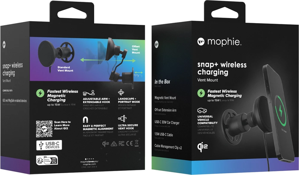 Mophie - Snap Plus Wireless Charging Car Vent Mount With Qi2 - Black