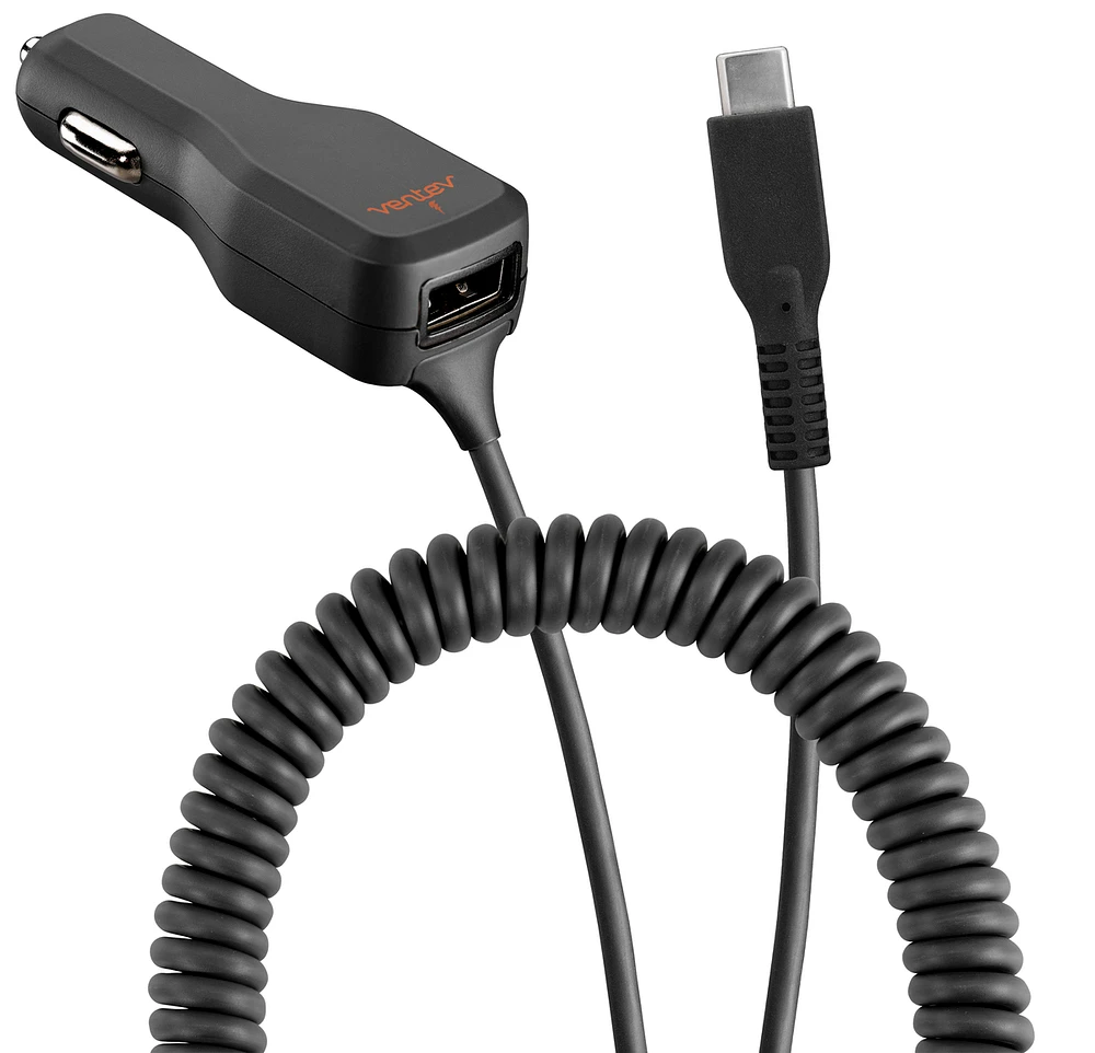 Ventev R2400TYPCVNV Chargeur de Voiture USB-C 4A avec Extra USB Câble Noir