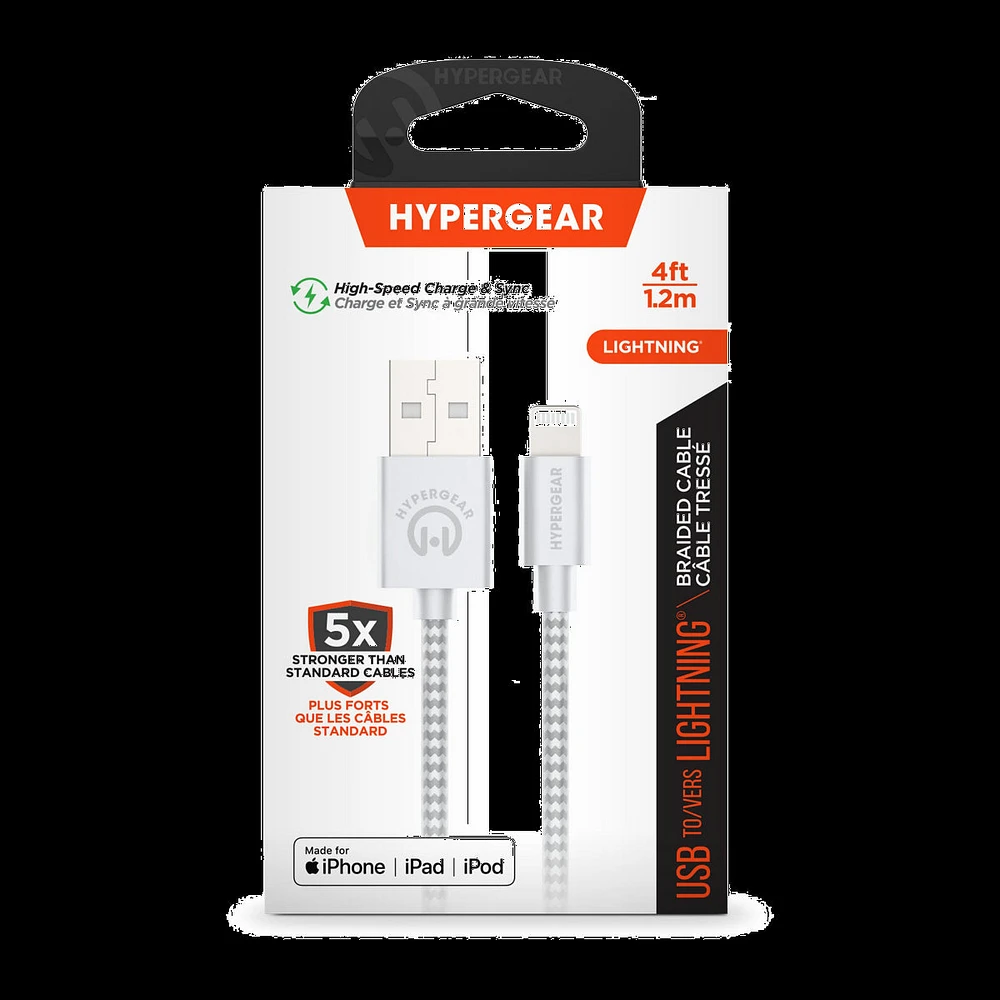 Câble tressé de recharge et de synchronisation USB-A vers Lightning HyperGear de 4 pi (120 cm) – blanc