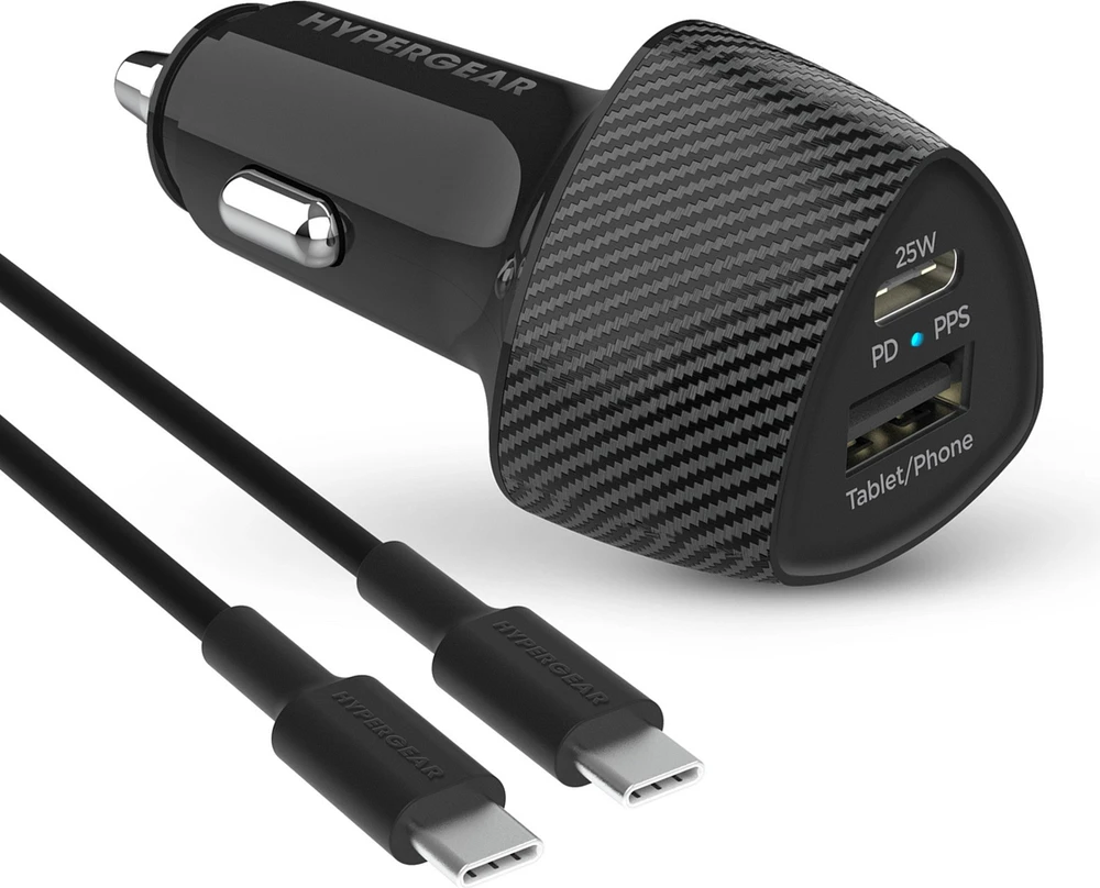 HyperGear SpeedBoost 25W USB-C PD + 12W USB Fast CLA Car Charger w/ PPS 4ft USB-C Cable - Black