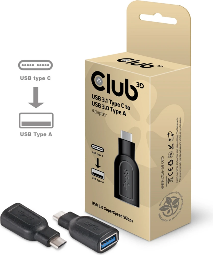 Club3D CAA-1521 Adaptateur USB-C 3.1 Gen 1 Mâle vers USB 3.1 Gen 1 Femelle Noir