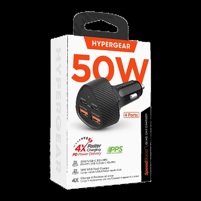 HyperGear SpeedBoost 50W Dual USB-C & Dual USB-A CLA Fast Charge Car Charger - Black