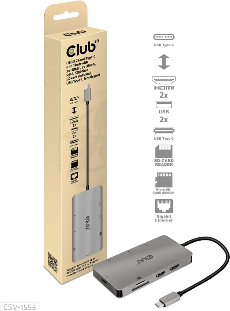 Club3D CSV-1593 Hub USB-C 3.2 Gen 1 8-en-1 avec 2 x Ports HDMI/2X USB /RJ45/SD/Micro SD et Adaptateur de Port Femelle USB-C Gris