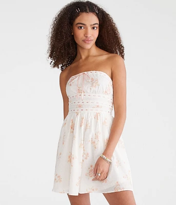 Floral Strapless Swiss Dot Mini Dress