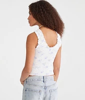 Floral Scoop-Neck Cropped Crinkle Tank