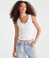 Floral Scoop-Neck Cropped Crinkle Tank