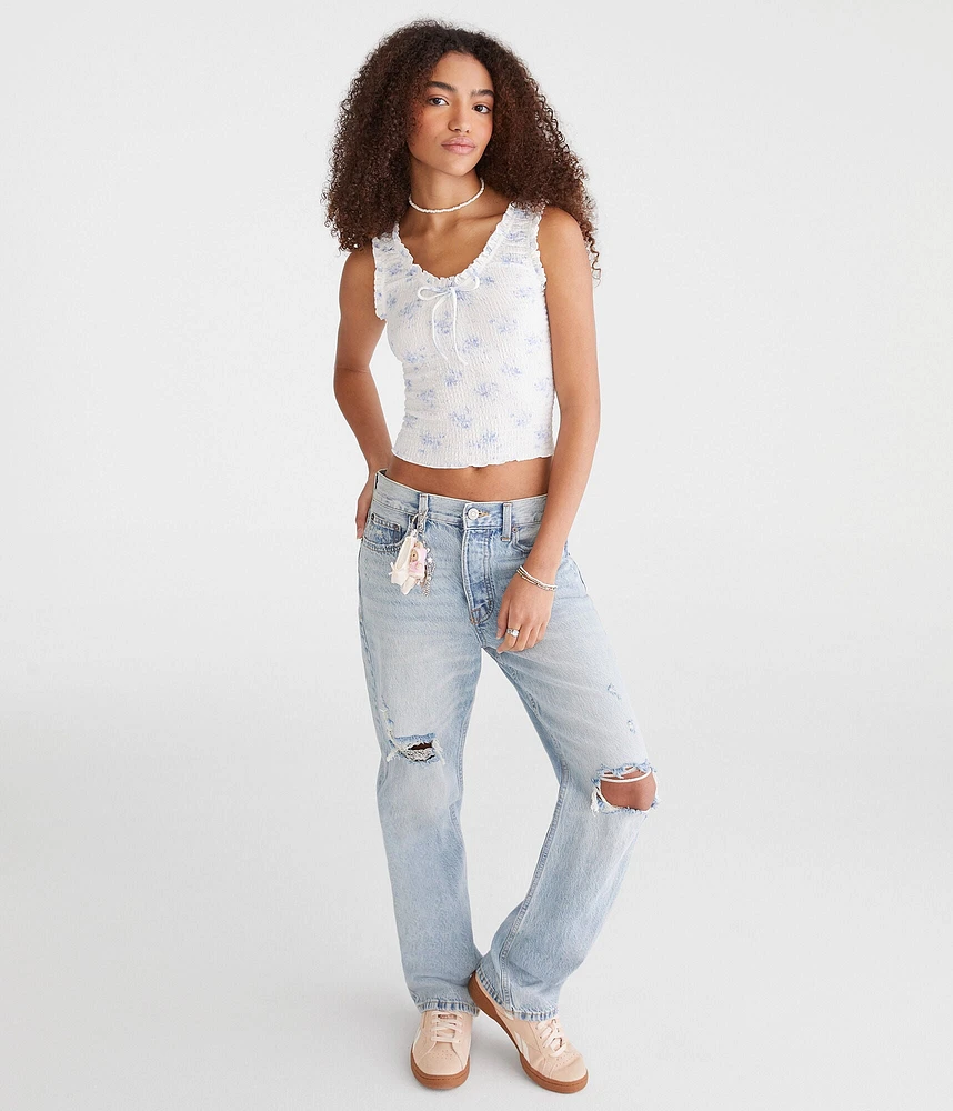 Floral Scoop-Neck Cropped Crinkle Tank