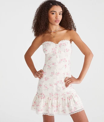 Floral Strapless Drop-Waist Mini Dress