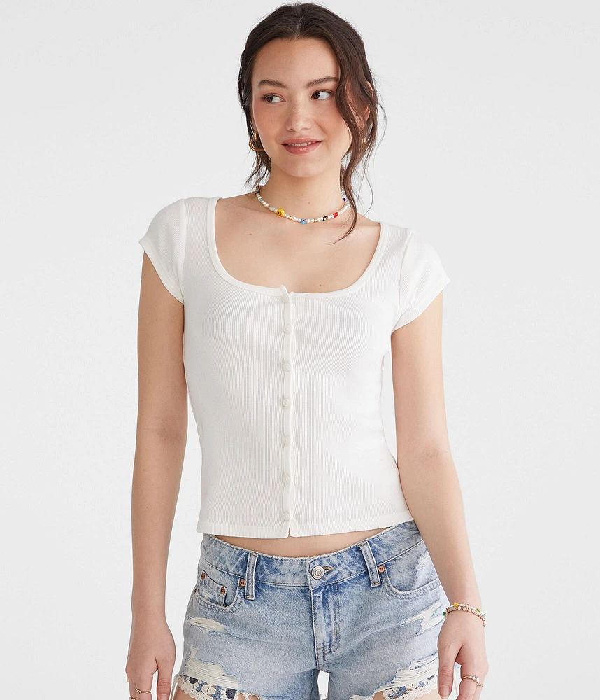 Seriously Soft Scoop-Neck Buttoned Tee