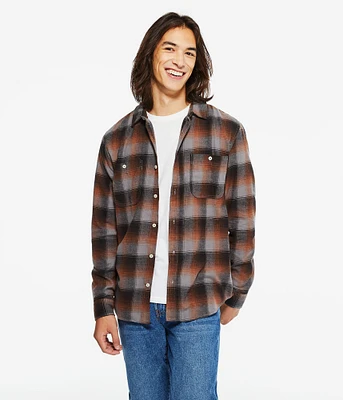 Long Sleeve Relaxed Washed Plaid Flannel Shirt