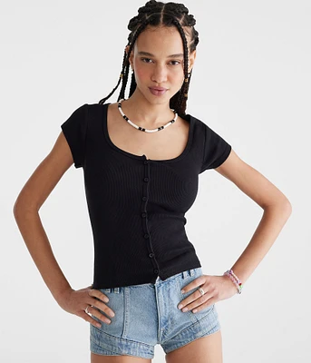 Seriously Soft Scoop-Neck Buttoned Tee