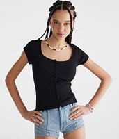 Seriously Soft Scoop-Neck Buttoned Tee