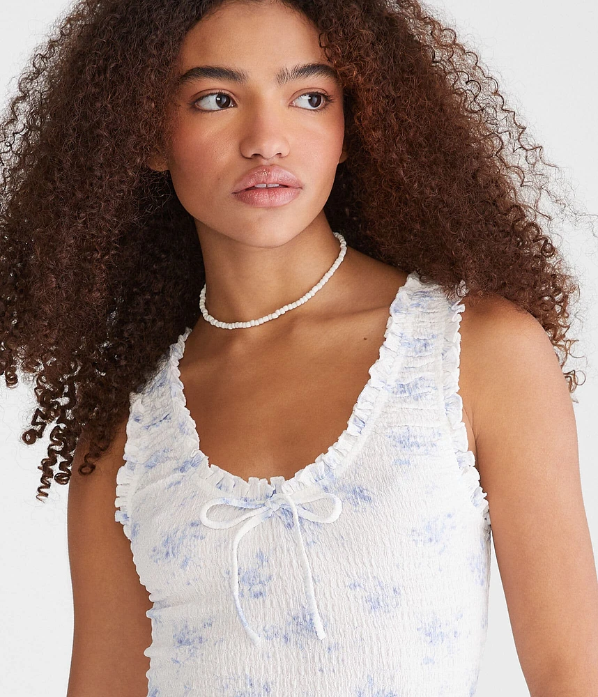 Floral Scoop-Neck Cropped Crinkle Tank