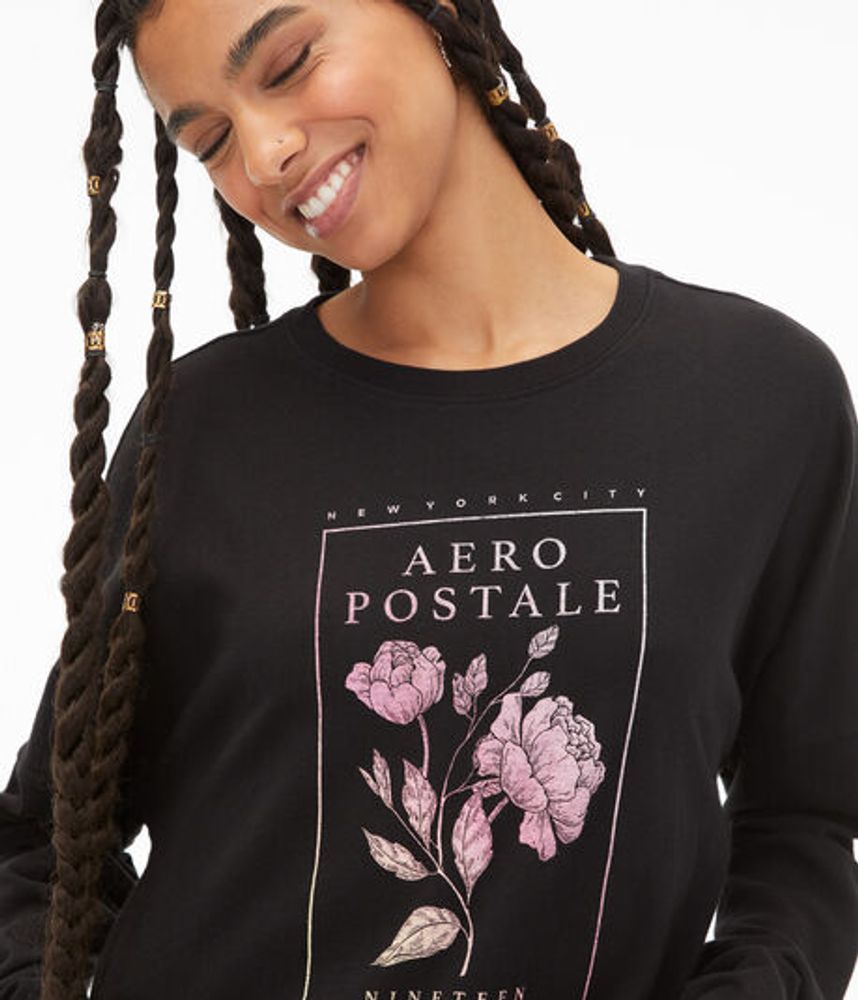 Long Sleeve Aeropostale Rose Box Oversized Graphic Tee