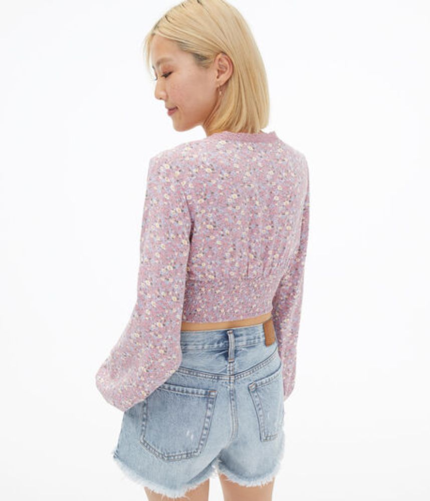 Long Sleeve Floral Double-Cinch V-Neck Crop Top