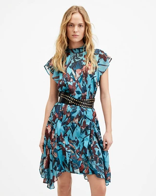 AllSaints Fleur Asymmetric Hem Mini Dress,, Lagoon Blue, Size: UK