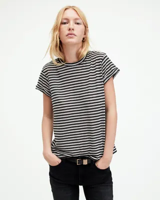 AllSaints Anna Stripe Short Sleeve T-Shirt,, Navy, Size: