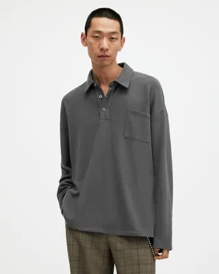 AllSaints Eris Long Sleeve Oversized Polo Shirt,, Washed Black, Size: XL
