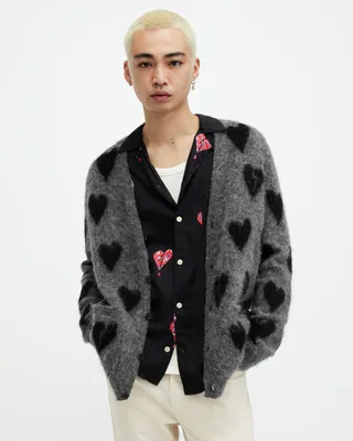 AllSaints Amore Heart Motif Relaxed Fit Cardigan,, Grey/Black, Size: