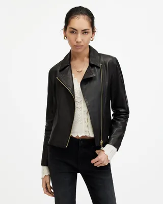 AllSaints Vela Slim Fit Leather Biker Jacket,, Black, Size: