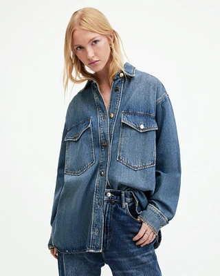 AllSaints Alba Oversized Denim Shirt,, Mid Indigo, Size: L