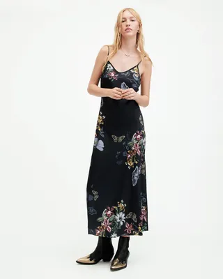 AllSaints Bryony Sanibel Midi Slip Dress,, Black, Size: UK