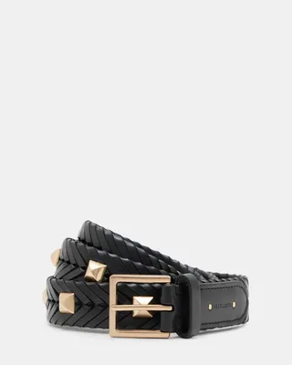 AllSaints Women's Laila Patent Leather Wide Waist Belt, Black/Warm Brass, Size: L