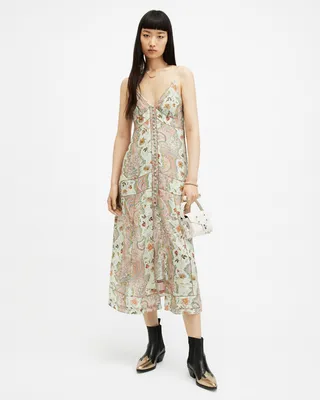 AllSaints Dahlia Cascade Paisley Slim Maxi Dress,, Spring Green, Size: UK 14/US 10