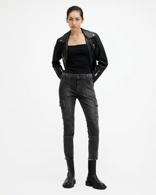 AllSaints Duran Mid-Rise Skinny Cargo Denim Jeans,, Black, Size: