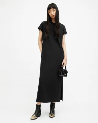 AllSaints Anna Crew Neck Short Sleeve Maxi Dress,, Black, Size: UK