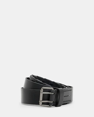 AllSaints Matt Leather Woven Belt,, Black/Gunmetal, Size: